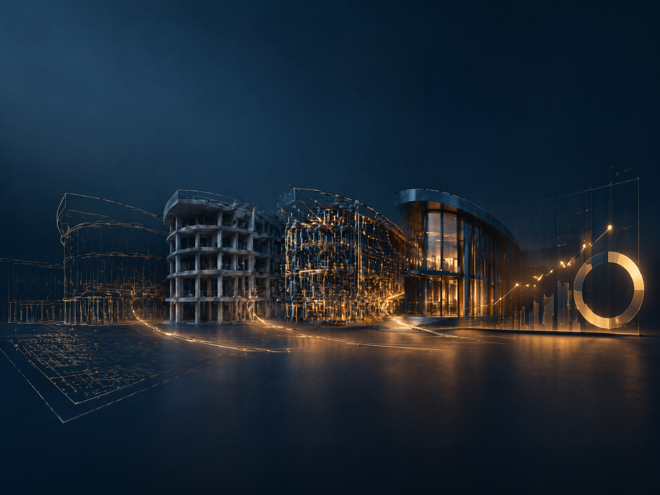 Integrated architectural, construction and technical building systems connected by gold pathways